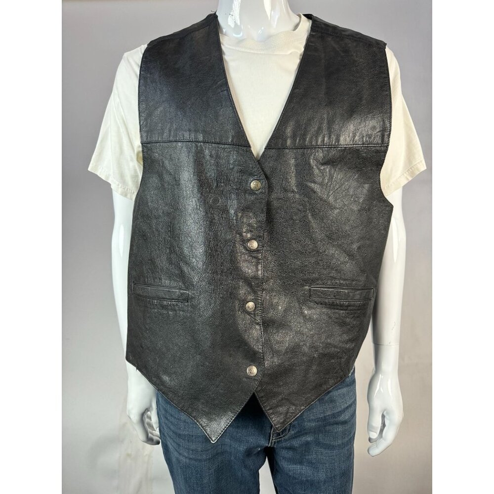 VTG 80s Satrel Mens Vest 2X Black Genuine Leather Shell Oklahoma Themed 1994